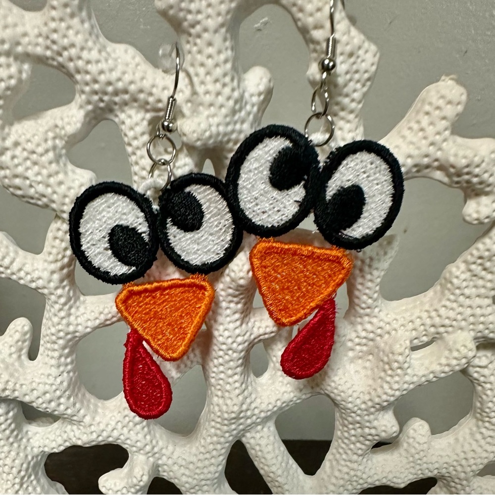 Embroidered Free Standing Lace Adorable Lightweight Turkey Earrings.